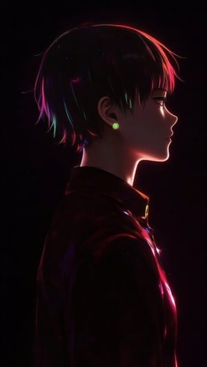 1girl, solo, short hair, bangs, shirt, closed mouth, upper body, multicolored hair, shiny, from side, profile, black background, gem, androgynous, 1other, rainbow hair, glowing hair