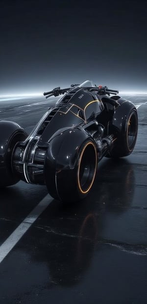 futuristic motorcycle, futuristic unique design with big tyres, black colour 