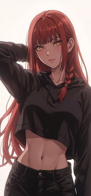 1girl, solo, long hair, chest, looking at viewer, bangs, large chest, long sleeves, navel, hair between eyes, yellow eyes, braid, red hair, midriff, pants, hood, crop top, hoodie, black pants, abs, arm behind head, braided ponytail, ringed eyes, cropped hoodie, makima \(chainsaw man\)