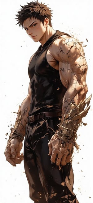 Create an anime-style male character with both arms entirely made of rough, cracked stone. The stone arms have jagged edges, visible cracks, and a rugged texture, with small pebbles and dust falling off, emphasizing their raw power. The character stands in a strong, confident pose, with shadows cast behind him on a clean white background, giving the scene depth and making the figure appear realistic. He wears a dark sleeveless shirt and pants, which contrast with the bright background. His expression is serious, with intense, focused eyes. Ensure the shadows in the background are soft but distinct, enhancing the character’s presence, and giving the overall image a dynamic yet clean and powerful look.