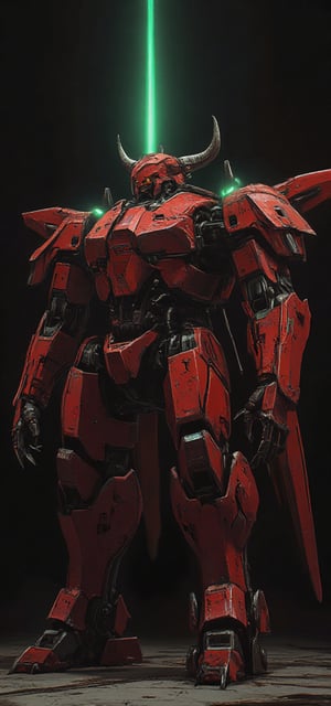 big red mecha with horns, spikes and wings coming out from back, black background with lime light 