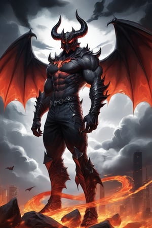 Design a powerful, humanoid demon with a muscular physique, white and black scales, and glowing red accents. The demon should have large, intimidating bat-like wings with red and black colors, and sharp, angular horns that emphasize its menacing aura. The character's face should be obscured by a menacing mask that complements the dark, fiery aesthetic. The environment around the demon should be filled with swirling clouds, with a focus on creating a sense of impending doom, using a blend of shadows and intense lighting. The overall style should have a sharp, semi-realistic anime vibe, with intricate details on the demon's body, especially in the musculature and scales, making the character look both terrifying and majestic