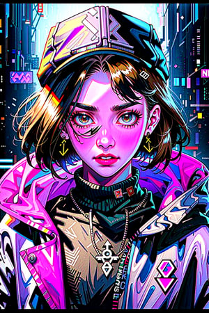 Beautiful woman medium hair, wearing cap, cyberpunk style short clothes