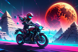 Inverse reality future space biker, subtle neon glitch, mesmerising pyramidic landscape with twilight cyan sky and rising scarlet-red moon