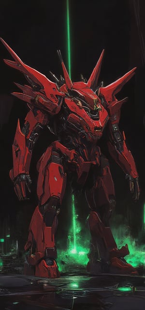 big red mecha with horns, spikes and wings coming out from back, black background with lime light 