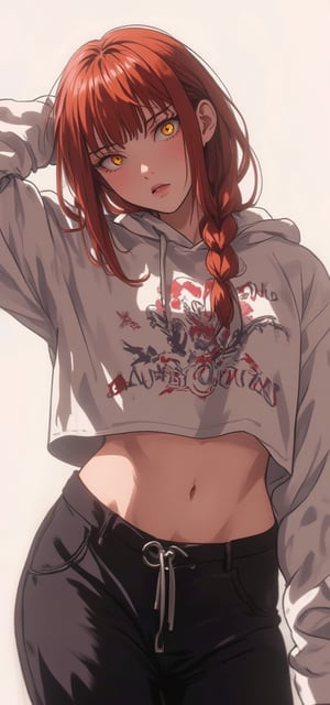 1girl, solo, long hair, chest, looking at viewer, bangs, large chest, long sleeves, navel, hair between eyes, yellow eyes, braid, red hair, midriff, pants, hood, crop top, hoodie, black pants, abs, arm behind head, braided ponytail, ringed eyes, cropped hoodie, makima \(chainsaw man\)