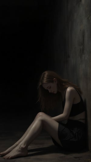 a girl sitting in sorrow, looking sad her head is down, she's wearing a top and skirt, sitting against a wall and the background is Black , hyper Realism, semireal 