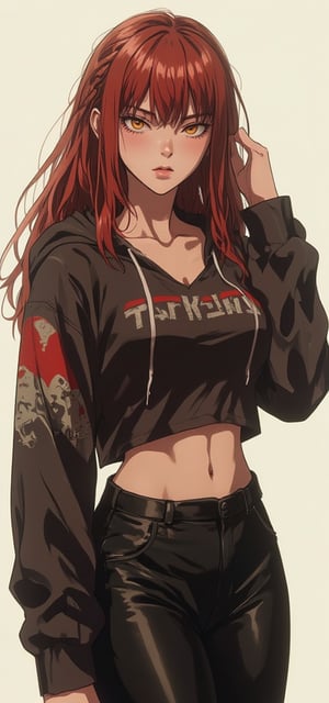 1girl, solo, long hair, chest, looking at viewer, bangs, large chest, long sleeves, navel, hair between eyes, yellow eyes, braid, red hair, midriff, pants ,hood, crop top, hoodie, black pants, abs, arm behind head, braided ponytail, ringed eyes, , mini crop top, cropped hoodie, makima \(chainsaw man\)