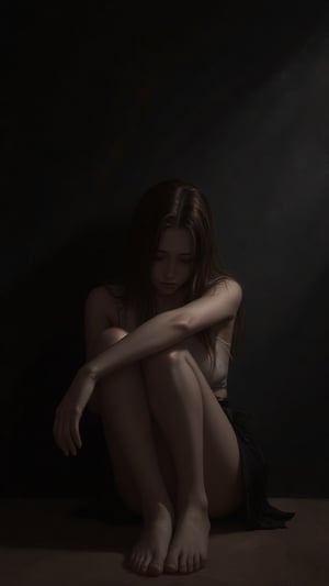 a girl sitting in sorrow, looking sad her head is down, she's wearing a top and skirt, sitting against a wall and the background is Black , hyper Realism, semireal 