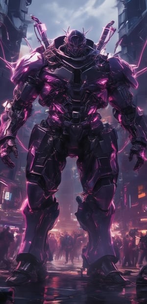 A futuristic urban landscape at dusk, with neon-lit skyscrapers and wispy fog rolling in. A big buff mecha, donning a sleek black hoodie and metallic armor, stands tall amidst the cityscape's chaos. Hyper-realistic details adorn its mechanical body, showcasing an intricate design that seems almost organic. Violet glowing waves emanate from its very presence, pulsing with an otherworldly energy as if drawing power from the surrounding metropolis.