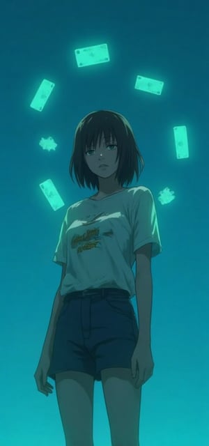 female figure standing against a blue background, anime style, glowing green cards floating around her.