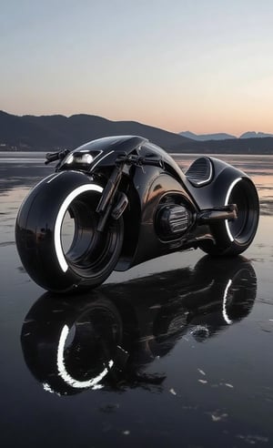 futuristic motorcycle, futuristic unique design with big tyres, black colour 