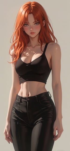 makima standing in casual clothes, very short crop top, sideboobs and a lose black pant, red hair