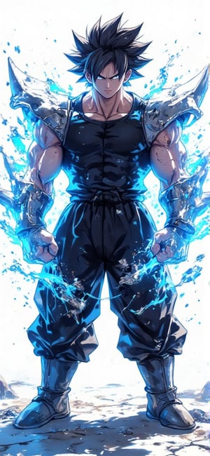 Create an anime-style male character with both arms entirely made of rough, cracked stone. The stone arms have jagged edges, visible cracks, and a rugged texture, with small pebbles and dust falling off, emphasizing their raw power. Surrounding his arms is a glowing blue aura, resembling waves of energy that pulse and flow around them, giving a mystical and powerful vibe. The character stands in a strong, confident pose, with shadows cast behind him on a clean white background, enhancing the realism. He wears a dark sleeveless shirt and pants, contrasting with the bright backdrop. His intense expression reflects his strength, and the glowing blue waves add a sense of energy and motion. Ensure the shadows are soft yet distinct, further highlighting the aura and the character’s striking presence, making the overall image dynamic and powerful