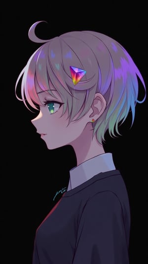 1girl, solo, short hair, bangs, shirt, closed mouth, upper body, multicolored hair, shiny, from side, profile, black background, gem, androgynous, 1other, rainbow hair, glowing hair