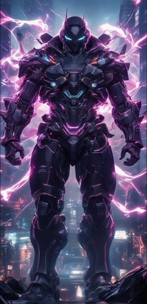 A futuristic urban landscape at dusk, with neon-lit skyscrapers and wispy fog rolling in. A big buff mecha, donning a sleek black hoodie and metallic armor, stands tall amidst the cityscape's chaos. Hyper-realistic details adorn its mechanical body, showcasing an intricate design that seems almost organic. Violet glowing waves emanate from its very presence, pulsing with an otherworldly energy as if drawing power from the surrounding metropolis.