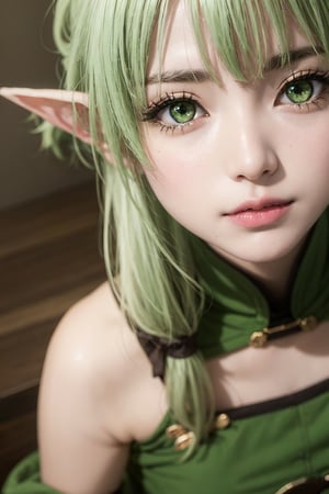 (masterpiece), (best quality), (ultra detailed),(illustration), (1girl),looking at viewer, (interview),beautiful detailed eyes, delicate beautiful face, Floating,(high saturation),(shining), cowboy shot,high elf archer, elf, (green eyes:1.4), green hair, hair between eyes, long hair, pointy ears, sidelocks, (small breast:1.2), shorts, thighhighs, asymmetrical clothes, upper body, close-up shot, detailed face, portrait