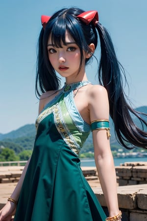 (masterpiece), (best quality), (ultra detailed),(illustration), (1girl),looking at viewer, (interview),beautiful detailed eyes, delicate beautiful face, Floating,(high saturation),(shining), cowboy shot,aawendy, long hair, blue hair, twintails, hair ornament, bare shoulders, green dress, sleeveless dress, armlet, bracelet, small breast:1.1