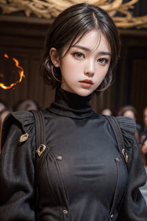 short brown hair, 1girl, accessories, piercing, intricate background, fantasy, mythical, misterious, masterpiece, best quality, dynamic angle, cinematic composition, detailed face, fire bang background, lace ,catwalk, turtleneck, close shoot, (deep of field)