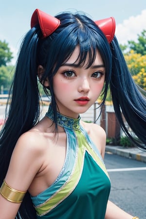 (masterpiece), (best quality), (ultra detailed),(illustration), (1girl),looking at viewer, (interview),beautiful detailed eyes, delicate beautiful face, Floating,(high saturation),(shining), cowboy shot,aawendy, long hair, blue hair, twintails, hair ornament, bare shoulders, green dress, sleeveless dress, armlet, bracelet