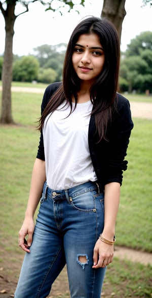 lovely cute young attractive indian teenage girl in top jeans  ,23 years old, cute, normal girl , long blonde_hair, colorful hair, black hair,home ,simple photo, park 