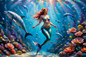 A mesmerizing underwater scene with a more creative and attractive depiction of a mermaid engaging playfully with a dolphin. The mermaid is adorned with shimmering scales and vibrant, colorful hair, exuding an otherworldly charm. Her tail sparkles with iridescent hues, reflecting the underwater light. The dolphin, elegant and graceful, has a unique, fantastical design with glowing patterns on its skin. They are surrounded by an even more vivid coral landscape, teeming with exotic, luminous fish. The scene is bathed in a surreal, magical light, highlighting the whimsical and enchanting interaction between the mermaid and the dolphin.
