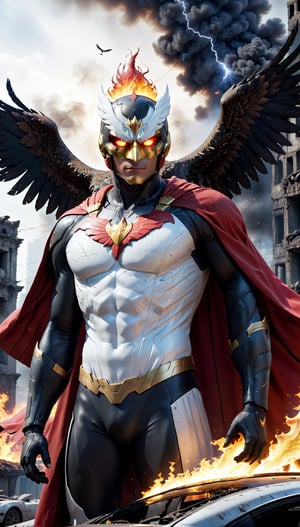 (ultra high qualite, 8k, best qualite), (high resolution), a male superhero standing on a car wearing a red and white robe with a mask in the shape of an eagle with glowing yellow eyes. has the Garuda bird symbol on the chest, has smoke and lightning effects, dominant red, white and black costumes. The background is city ruins with fire and smoke effects.