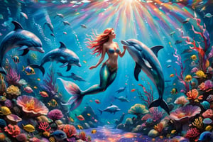 A mesmerizing underwater scene with a more creative and attractive depiction of a mermaid engaging playfully with a dolphin. The mermaid is adorned with shimmering scales and vibrant, colorful hair, exuding an otherworldly charm. Her tail sparkles with iridescent hues, reflecting the underwater light. The dolphin, elegant and graceful, has a unique, fantastical design with glowing patterns on its skin. They are surrounded by an even more vivid coral landscape, teeming with exotic, luminous fish. The scene is bathed in a surreal, magical light, highlighting the whimsical and enchanting interaction between the mermaid and the dolphin.