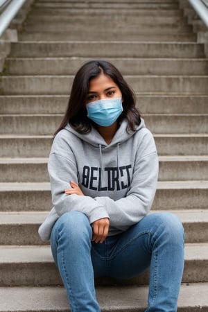 super cute Indian woman dark brown hair wear jeans and hoodie face cover with mask sitting on stair of society stairs 