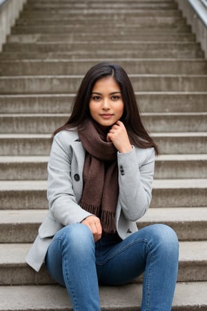 super cute Indian woman dark brown hair wear jeans and jacket face cover with scarf sitting on stair of society stairs 