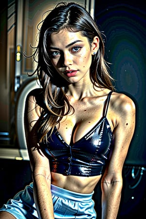 (masterpiece), 1girl, solo, mature, sexy, highly detailed face and eyes, professional makeup, black sequin sleeveless cropped top, skirt, blue-black dual tone long hair, glowing blue eyes