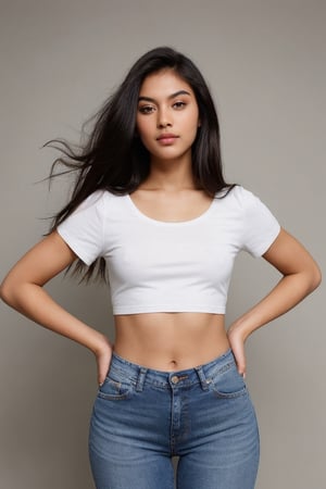 super cute Indian woman wear jeans and crop tops hair flowing with hands pose