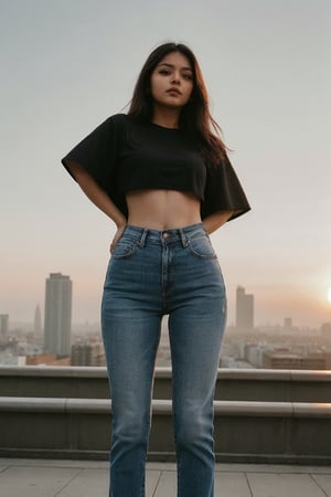 super cute Indian woman dark brown hair wear jeans and crop tops big buildings blur background sunrise 