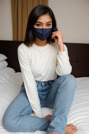 super cute Indian woman dark brown hair wear jeans and top face cover with mask sitting on bed