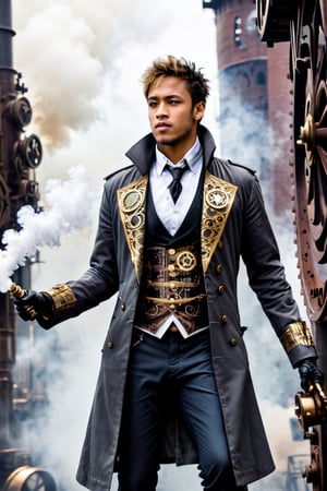 1man,solo,Neymar,face of Neymar , Neymar in supervillain costume

Costume:

The Clockwork Conductor orchestrates chaos with a mechanical elegance.  He wears a long, charcoal-colored trench coat with intricate gears and pistons embroidered on the sleeves and back.  Underneath, a crisp white vest exposes a pocket watch chain with a gear-shaped pendant that dangles over his waistcoat.


Pose:

The Clockwork Conductor stands atop a massive gearship, its iron teeth churning and steam billowing from its smokestacks.  He holds a long conductor's baton, crafted from polished brass and adorned with miniature clock gears.  With each flick of his wrist, gears on the surrounding buildings grind and shift, manipulating gravity and warping the cityscape.  His expression is one of cold, calculating control, as he orchestrates the chaos around him like a symphony of destruction.

Background:

The Clockwork Conductor thrives in the heart of an industrial city choked by smog and steam.  Gigantic, clockwork-powered machines dominate the skyline, their gears and pistons grinding ceaselessly.  The Conductor stands atop the central control tower, his figure dwarfed by the gears that keep the city running.  Below him, streets are in disarray as buildings shift and groan under his temporal influence.  People flee in panic, caught in the Conductor's twisted symphony of time manipulation.