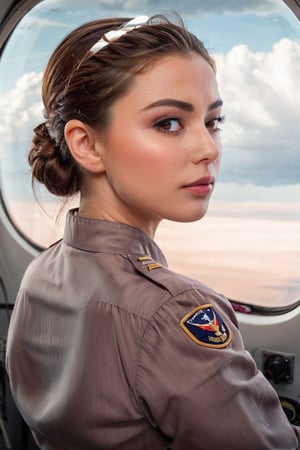 
attractive lady with chignon elegant brown hair, almond eyes, blush, proportional body, full lips, perfect face wearing pilot women dress, piloting an aircraft, airbus, thunder, clouds, serious, alerting depiction, soft lighting, capturing character, detailed skin. from side back view,Extremely Realistic