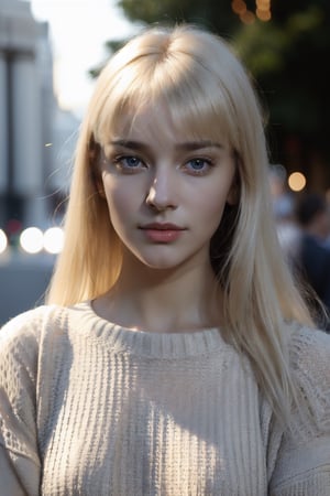 1girl, young, Close-up, (beautiful girl, no make up), (Age 25), (happy, light blonde hair, hair , parted bangs, London, England, dusk:1.2), , HD, lens flare, cable knit sweater, pleated skirt, and loafers, looking at viewer, (RAW Photo, cg unity, photography, ultra realistic details, sharp focus, detailed skin,4k, high-res, masterpiece, best quality:1.1), (realistic, photo-realistic:1.37) (8k,4k, UHD, high resolution, professional, cinematic, movie, dramatic, noise), (detailed background:1.25), bokeh anamorphic depth of field blur background