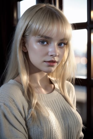 1girl, young, Close-up, (beautiful girl, no make up), (Age 25), (happy, light blonde hair, hair , parted bangs, London, England, dusk:1.2), , HD, lens flare, cable knit sweater, pleated skirt, and loafers, looking at viewer, (RAW Photo, cg unity, photography, ultra realistic details, sharp focus, detailed skin,4k, high-res, masterpiece, best quality:1.1), (realistic, photo-realistic:1.37) (8k,4k, UHD, high resolution, professional, cinematic, movie, dramatic, noise), (detailed background:1.25), bokeh anamorphic depth of field blur background