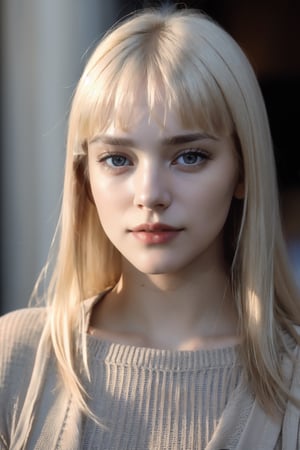 1girl, young, Close-up, (beautiful girl, no make up), (Age 25), (happy, light blonde hair, hair , parted bangs, London, England, dusk:1.2), , HD, lens flare, cable knit sweater, pleated skirt, and loafers, looking at viewer, (RAW Photo, cg unity, photography, ultra realistic details, sharp focus, detailed skin,4k, high-res, masterpiece, best quality:1.1), (realistic, photo-realistic:1.37) (8k,4k, UHD, high resolution, professional, cinematic, movie, dramatic, noise), (detailed background:1.25), bokeh anamorphic depth of field blur background