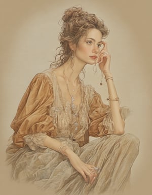 ((Top quality)),
((masterpiece)),
(Full body:1.9),

A candid portrait color sketch of a mature German woman,
35yo,
dark blonde hair with silver streak,
curly hair,
waist long hair,
long eyelashes,
narrow face,
pointed nose,
nose pointing slightly upwards,
dark steelblue eyes,
no makeup, beautiful, realistic,
thin lips,
pronounced chin dimple, dimple,
forehead wrinkles,
Eyes crow's feet,
light eyebrows,
slim nose,
short nose,
,Wonder of Beauty