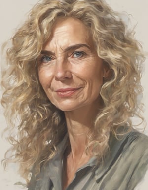 ((Top quality)),
((masterpiece)),
(Full body:1.9),

A candid portrait color sketch of a mature German woman,
35yo,
dark blonde hair with silver streak,
curly hair,
waist long hair,
long eyelashes,
narrow face,
pointed nose,
nose pointing slightly upwards,
dark steelblue eyes,
no makeup, beautiful, realistic,
thin lips,
pronounced chin dimple, dimple,
forehead wrinkles,
Eyes crow's feet,
light eyebrows,
slim nose,
short nose,
