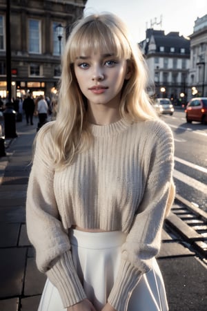 1girl, young, Close-up, (beautiful girl, no make up), (Age 25), (happy, light blonde hair, hair , parted bangs, London, England, dusk:1.2), , HD, lens flare, cable knit sweater, pleated skirt, and loafers, looking at viewer, (RAW Photo, cg unity, photography, ultra realistic details, sharp focus, detailed skin,4k, high-res, masterpiece, best quality:1.1), (realistic, photo-realistic:1.37) (8k,4k, UHD, high resolution, professional, cinematic, movie, dramatic, noise), (detailed background:1.25), bokeh anamorphic depth of field blur background