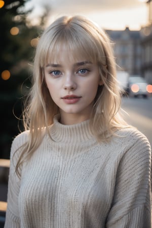 1girl, young, Close-up, (beautiful girl, no make up), (Age 25), (happy, light blonde hair, hair , parted bangs, London, England, dusk:1.2), , HD, lens flare, cable knit sweater, pleated skirt, and loafers, looking at viewer, (RAW Photo, cg unity, photography, ultra realistic details, sharp focus, detailed skin,4k, high-res, masterpiece, best quality:1.1), (realistic, photo-realistic:1.37) (8k,4k, UHD, high resolution, professional, cinematic, movie, dramatic, noise), (detailed background:1.25), bokeh anamorphic depth of field blur background