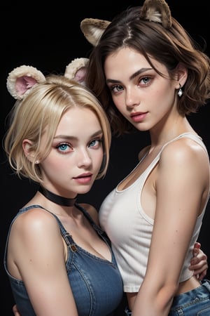 two women,half human half bear hybrids,bear ears,beautiful detailed eyes,beautiful detailed lips,extremely detailed eyes and face,long eyelashes,more human-like face,blonde and brunette,short hair,sizes 90-60-90,short jeans and sleeveless tank-top,portraits,vivid colors,natural lighting, looking at viewer, one is leaning towards viewer