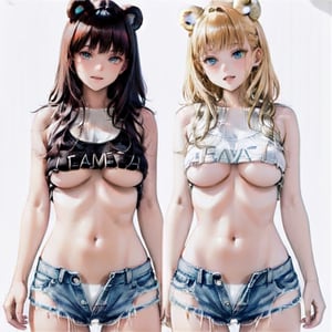 A striking illustration of two stunning half-human, half-bear hybrids standing close together. The blonde-haired, leaner woman wears a loose sleeveless tank top and very short jeans, while the brunette, more voluptuous woman sports a similar outfit, but tighter fitting. The tank tops barely cover their chests, even some showing from underneath the cloth, and the jeans are cut so high, it shows almost all of their legs. Both sport short haircuts, and the same ample bust, with the blonde woman leaning towards the viewer to show its size. They both have very noticeable bear ears, the same color as their hair, and a more human-like face. The background is the silhouette of a bear paw with just five fingers, allowing the viewer's focus to stay on the captivating duo,toon,,comic book,breasts,better_hands,th1ntt0png,Micro shorts,underb00b