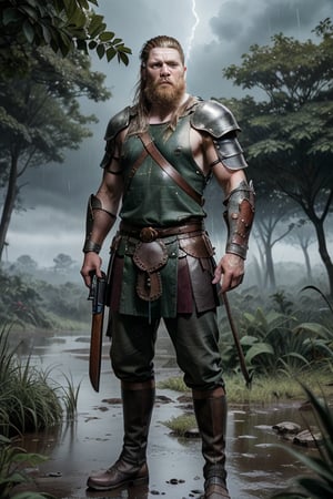 Roland a towering Viking warrior clad in weathered combat gear and battered armor from a bygone era standing knee-deep in the lush green jungles of Biafra, grasping his trusty Thompson submachine gun, a worn leather map case strapped to his hip, a gray misty rain pours down around him amidst the eerie glow of a stormy twilight,