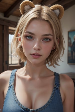 (best quality,4k,8k,highres,masterpiece:1.2),ultra-detailed,realistic:1.37,two women,half human half bear hybrids,bear ears,beautiful detailed eyes,beautiful detailed lips,extremely detailed eyes and face,long eyelashes,more human-like face,blonde and brunette,short hair,sizes 90-60-90,short jeans and sleeveless tank-top,portraits,vivid colors,natural lighting, looking at viewer, one is leaning towards viewer