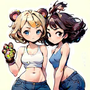 A striking illustration of two stunning half-human, half-bear hybrids standing close together. The blonde-haired, leaner woman wears a loose sleeveless tank top and very short jeans, while the brunette, more voluptuous woman sports a similar outfit, but tighter fitting. Both sport short haircuts, and the same ample bust, with the blonde woman leaning towards the viewer to show its size. They both have noticeable bear ears, the same color as their hair, and a more human-like face. The background is the silhouette of a bear paw with just five fingers, allowing the viewer's focus to stay on the captivating duo,toon,,comic book