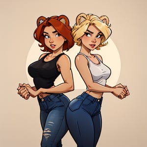 A striking illustration of two stunning half-human, half-bear hybrids standing close together. The blonde-haired, leaner woman wears a loose sleeveless tank top and short jeans, while the brunette, more voluptuous woman sports a similar outfit, but tighter fitting. Both sport short haircuts, and the same ample bust, with the blonde woman leaning towards the viewer to show its size. They both have noticeable bear ears, the same color as their hair, and a more human-like face. The background is the silhouette of a bear paw with just five fingers, allowing the viewer's focus to stay on the captivating duo,Foxtail,Zaush 