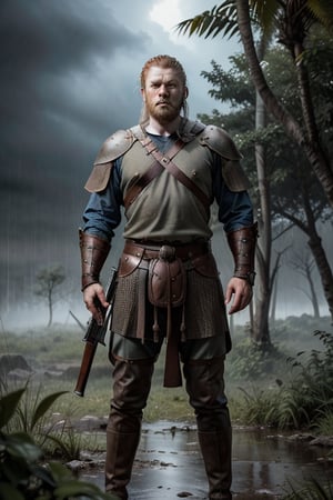 Roland a towering Viking warrior clad in weathered combat gear and battered armor from a bygone era standing knee-deep in the lush green jungles of Biafra, grasping his trusty Thompson submachine gun, a worn leather map case strapped to his hip, a gray misty rain pours down around him amidst the eerie glow of a stormy twilight,